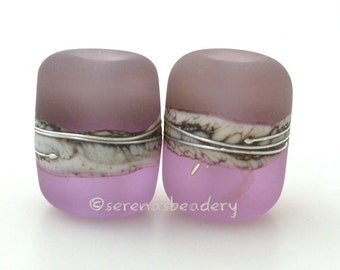 PINK Champagne and Sepia BROWN Night Owl Tube Pair Lampwork Glass Bead - TANERES silvered ivory and fine silver wrap