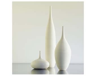 3 Large White Modern Ceramic Bottle Vases in Modern White matte .  Sara Paloma mid century modern vase ceramics pottery white ceramic vases