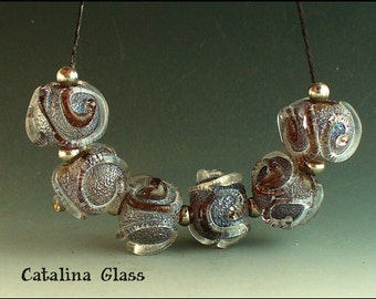 SRA Lampwork Glass Beads handmade by Catalina Glass 6 Frosted Scrolling Rounds