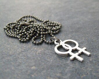 LESBIAN Necklace, Interlocking Female Symbol charm, gunmetal ball chain, comes 30 inches, you cut down to size