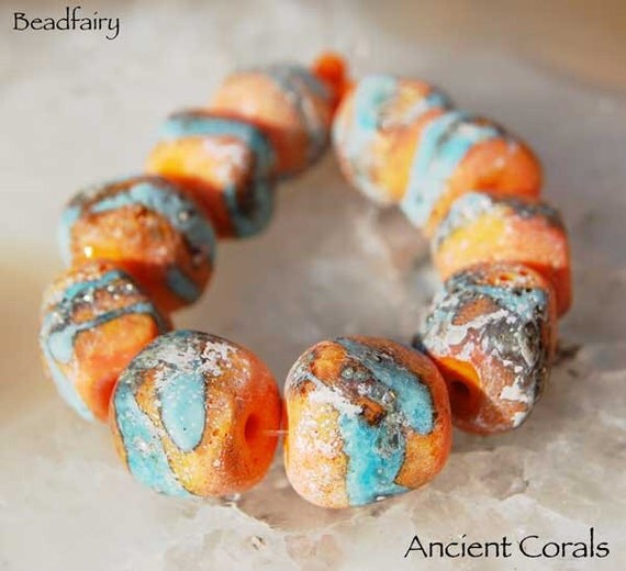 10 Ancient Corals Nuggets , Lampwork Beads , rustic looking  glass beads by Beadfairy Lampwork, SRA