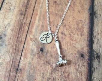 Gavel initial necklace - law necklace, judge's gavel necklace, gift for law student, silver gavel necklace, law student necklace
