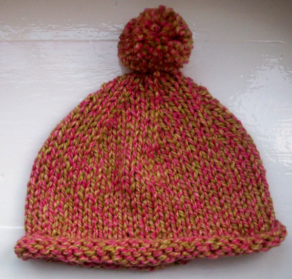 Pompom beanie hat, vegan, hand knitted. soft. thick, warm, pink, green, cream