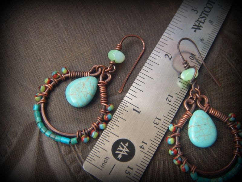 Turquoise Wire Wrapped Copper Glass Beaded Hoop Earrings