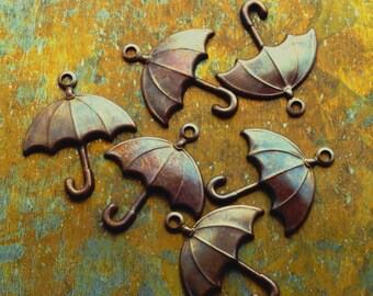 Umbrella Charms - 6 pcs - Hand Antiqued Brass Charms - Patina Queen