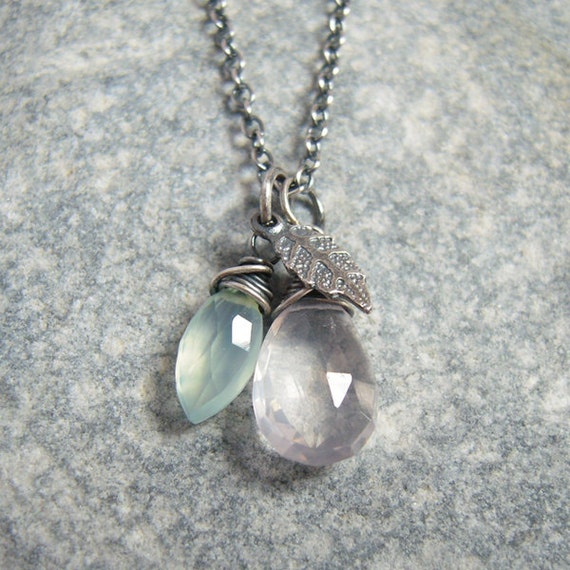 Rose Quartz Necklace Aqua Chalcedony Pendant Tiny Leaf Charm