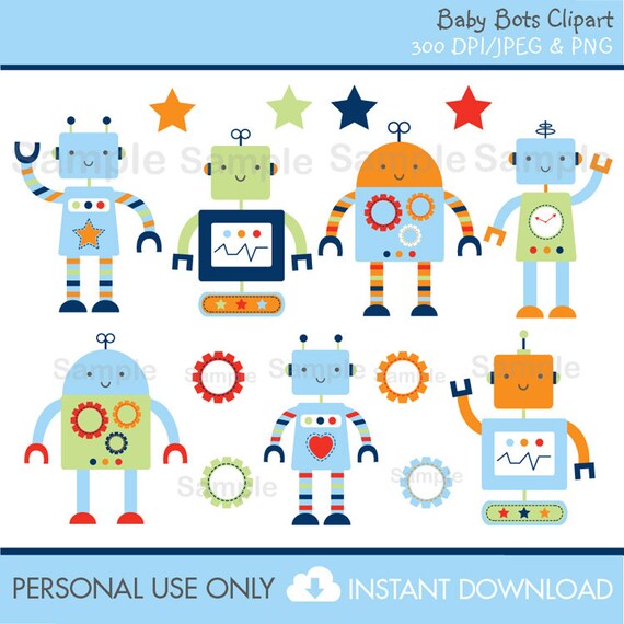Robot Clipart / Baby Bots / INSTANT DOWNLOAD Il_570xn