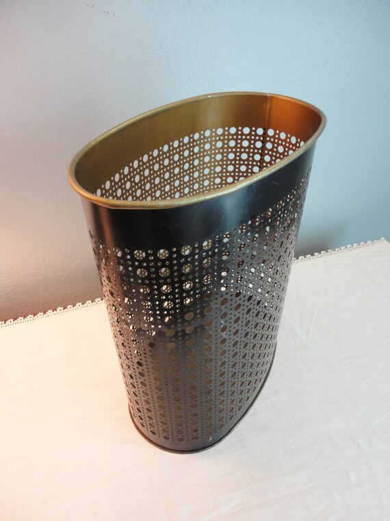 Vintage Weibro Punched Metal Wastebasket Oval 13 Tall
