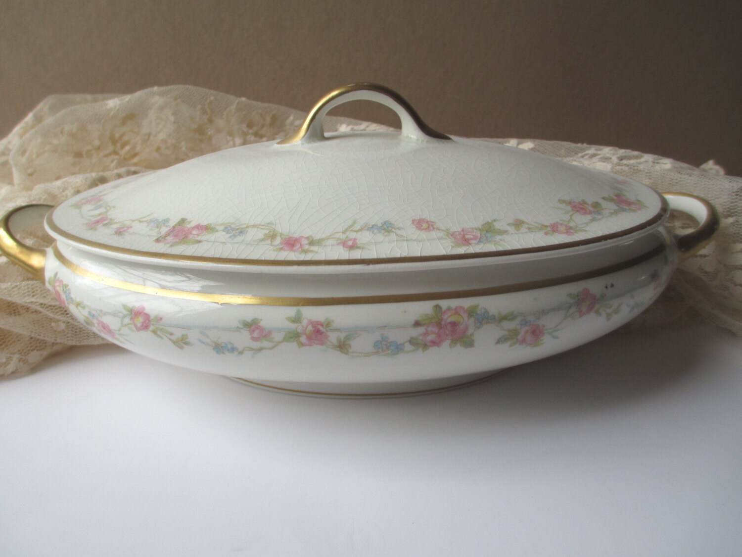 Vintage Crooksville China Pink Green Covered Dish by jenscloset