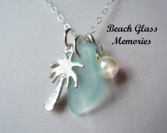Sea Glass Necklace Palm Tree Beach Glass Necklace Beach Glass Jewelry