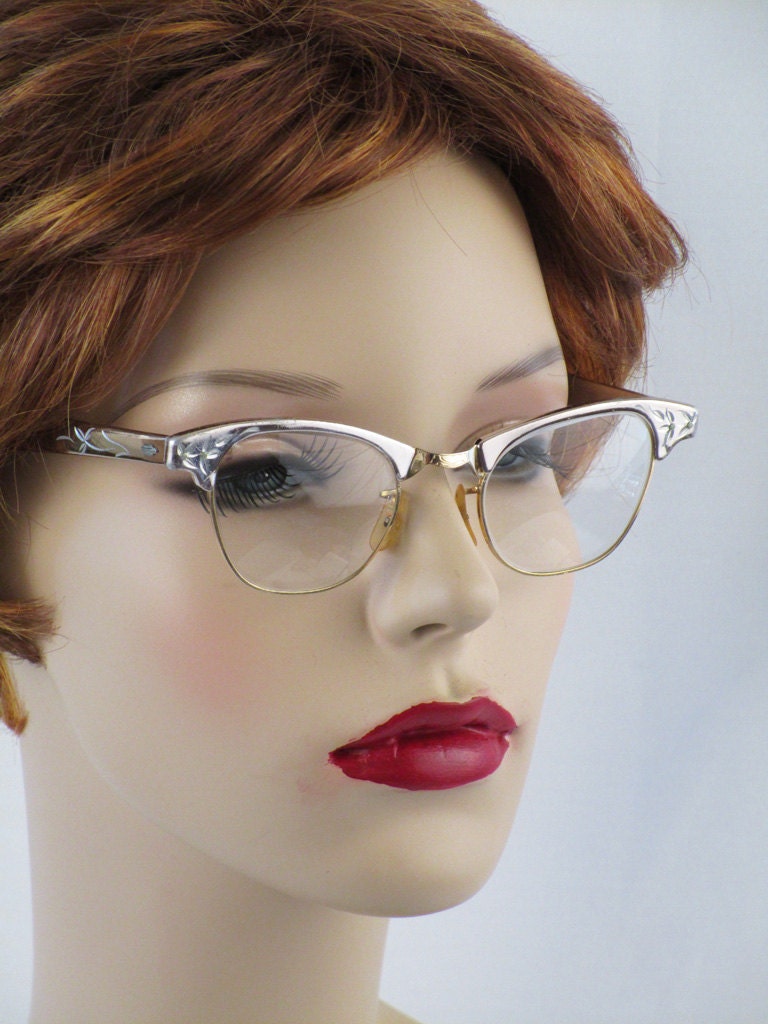 1950s Artcraft Cateye Eyeglasses 12 Kgf Prescriptions Etched Goldtone And Silvertone Aluminum