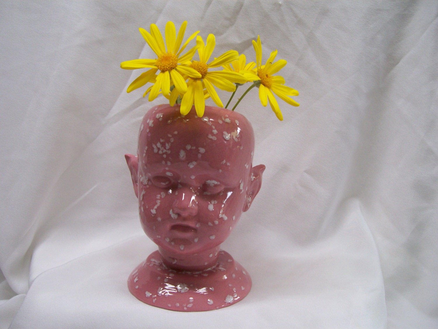 Ceramic Doll Head Vase Pink Speckled Glaze by HeamarKat on Etsy