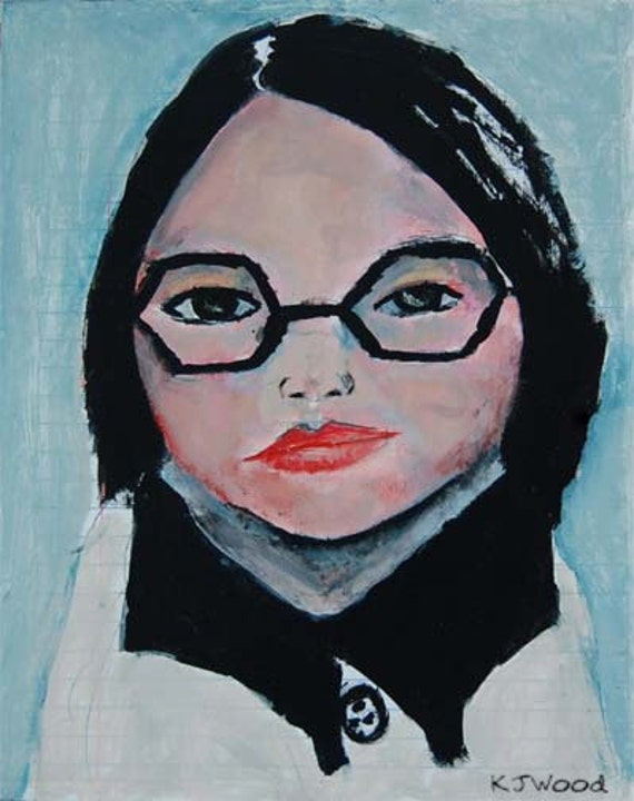 Original 8x10 Acrylic Portrait Painting on Canvas Panel, Little Scholar, Girl, Black Glasses, White, Blue