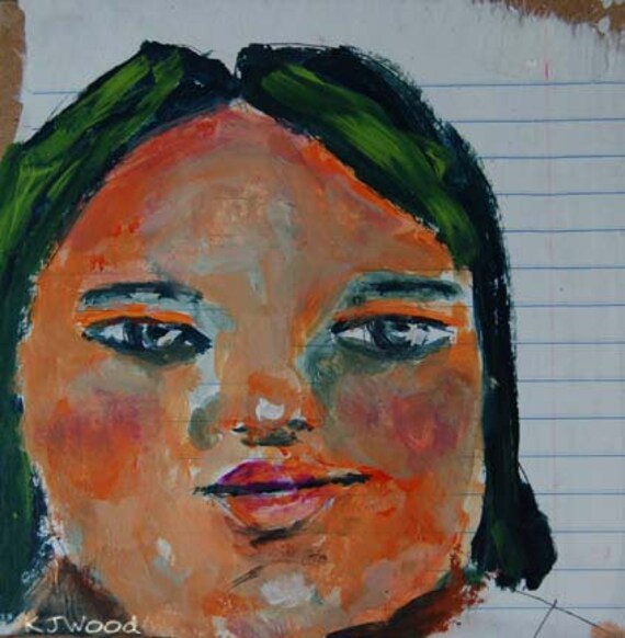 Acrylic Portrait Painting, Carol, Orange, Blue, Girl, Face, Green Hair, 6x6 canvas panel