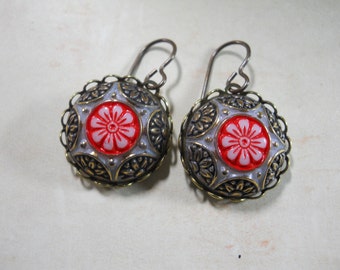 Ornate Molded Glass Vintage Cabochon Earrings with Hand Painted Detail in Black and Red on White Glass Made in West Germany