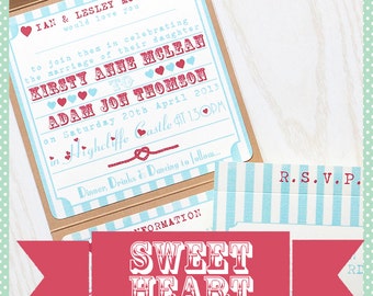 Handmade Pocketfold Wedding Invitation Sweetheart Stripe Circus Heart Fairground Vintage Typography Inspired