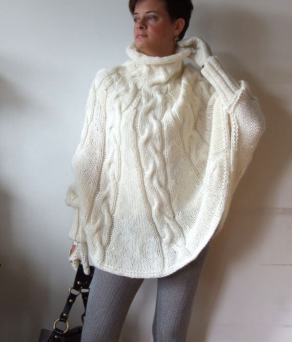 Hand knitted poncho braided cape sweaterfall fashion by couvert
