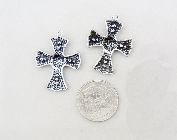 Pair of Antique Silver-tone Cross Charms Rhinestones with Rose Center