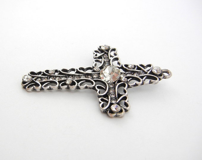 Heart Shaped Filigree Antique Silver-tone with Rhinestone Accents Cross Pendant