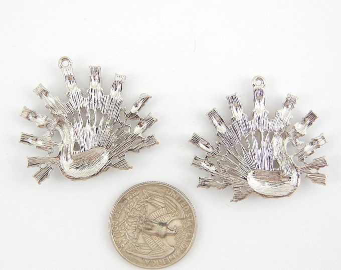 Peacock Charms with Rhinestone Accents Pair of Silver-tone BIRD