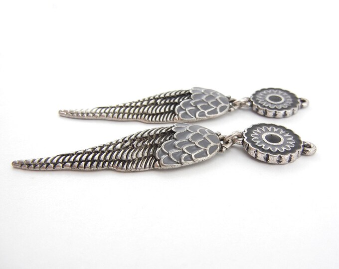 Gray Epoxy Wing Charms Pair Antique Silver-tone