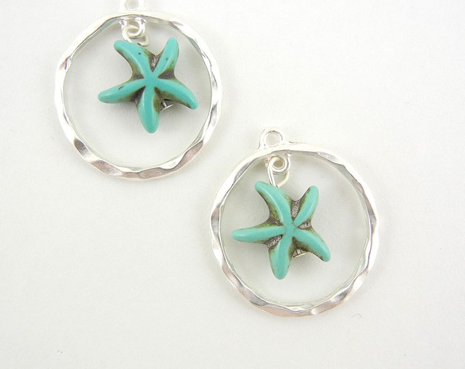 Pair of Turquoise Starfish in Matte Silver-tone Hoop Charms
