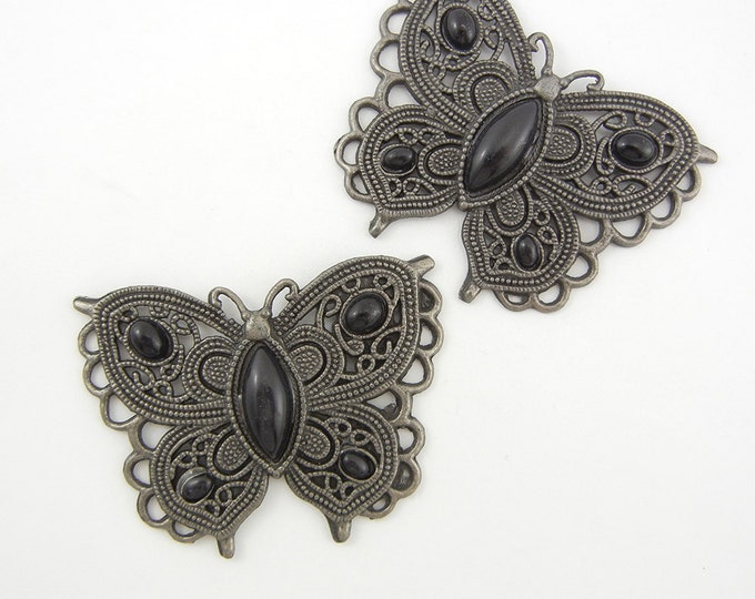 2 Hematite Filigree Butterfly Pendants with Black Acrylic Cabochons