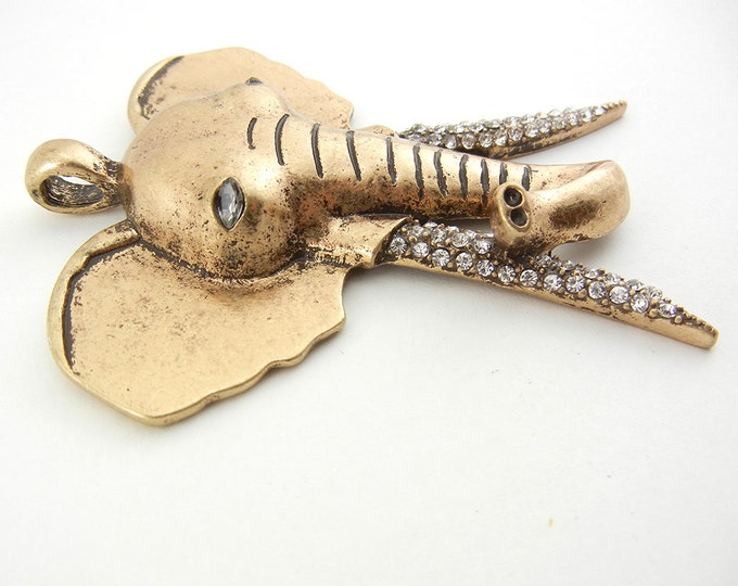 Antique Rose Gold-tone Rhinestone Tusks Elephant Head Pendant