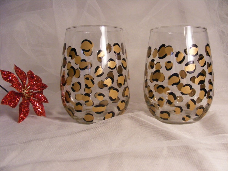 painted leopard print wine glasses in gold and by DelightfulFinds