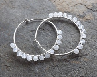 Sterling Silver Hoops Moonstone Hoop Earrings Wire Wrapped Moonstone Hoop Dangle Earring eco friendly Gemstone Jewelry for Women