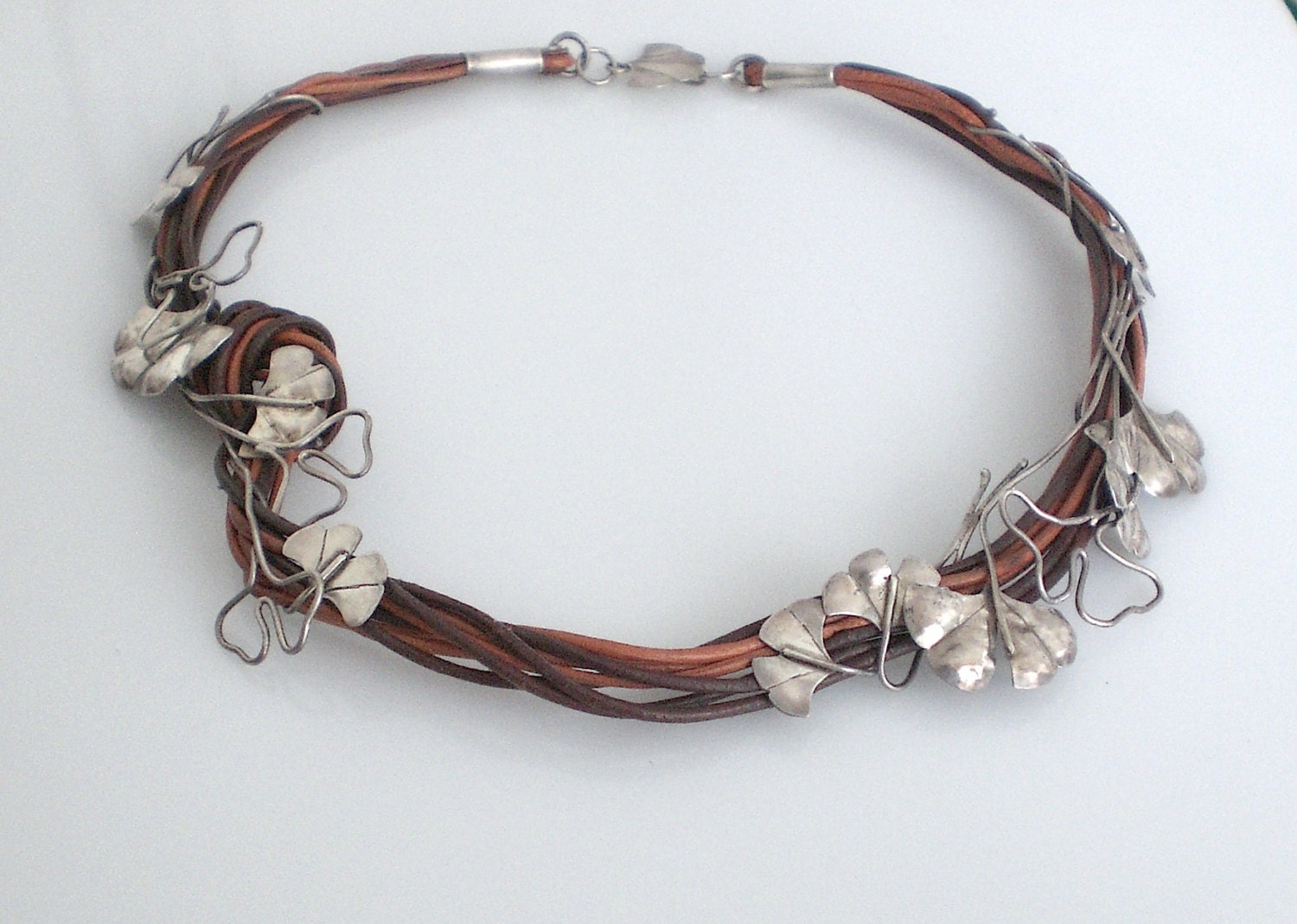 Sterling Silver Collar Necklace Silver Leaves Leather