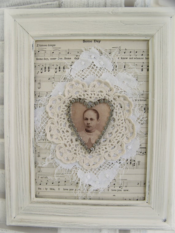 Handmade Shabby White Collage Vintage Style Vintage Lace Vintage Sheet  Music  Ornate White Mixed Media Vintage Altered Rhinestone Collage