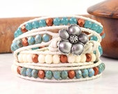 Teal Wrap Bracelet White Leather Bracelet Leather Jewelry 4x Wrap Bracelet Copper Wrap Bracelet Cream Boho Jewelry Turquoise Beaded Wrap
