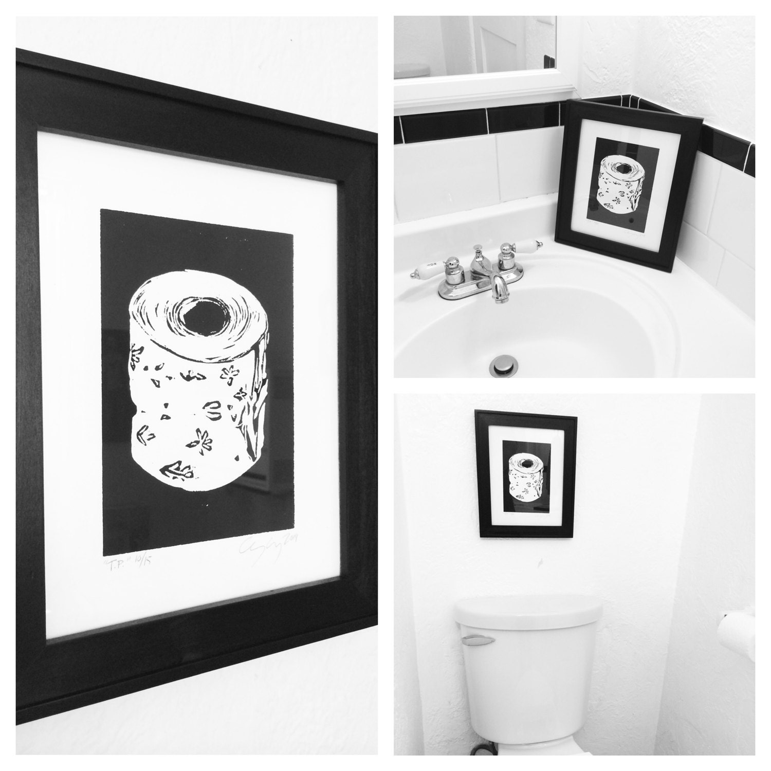 Framed Black and white lino print of toilet paper bathroom art
