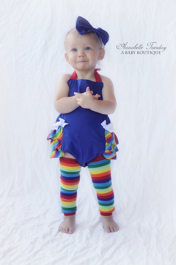 Rainbow Ruffled Bottom Bubble Romper Baby Girl 3 Piece Outfit