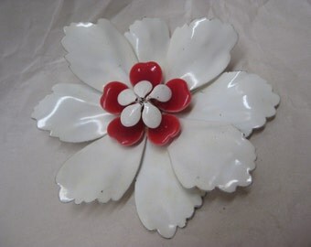 Flower Enamel Brooch White Red Vintage Pin
