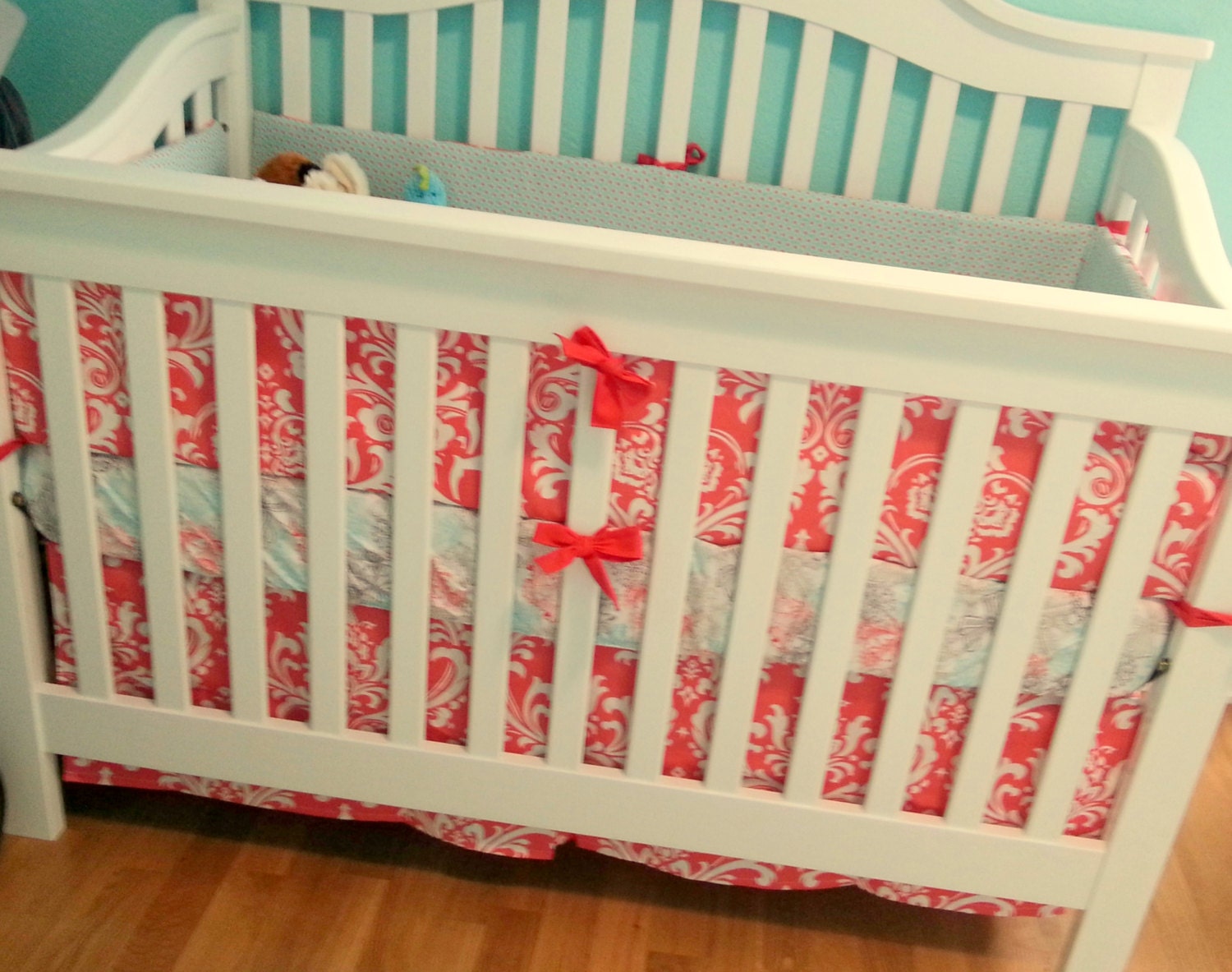 Coral Mint and White Custom Baby Crib Bedding by RockyTopDesign