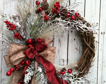 Winter Christmas Wreath for Door - Red and White Holiday Wreath - Country Christmas Wreath