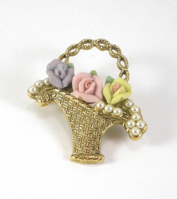 Flower Basket Brooch Pin Porcelain And Pearls Romantic