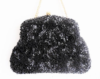 Evening Purse...Black...Beaded...Satin