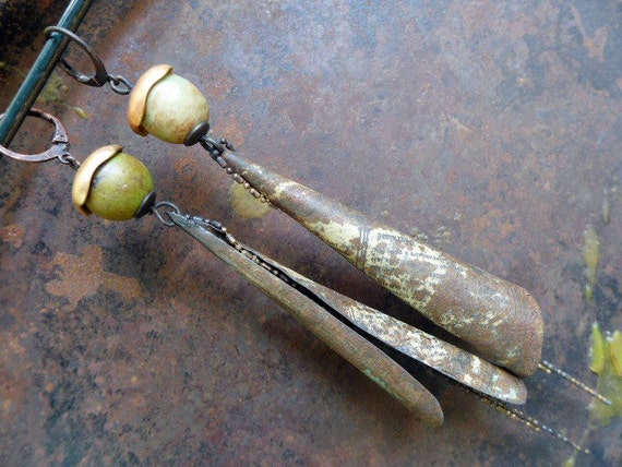 The Silent Sisters. Rustic shoulder dusters with salvaged tin. Long statement earrings.