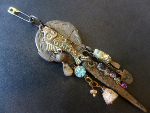 Neptune's Daughter. Victorian Tribal dangle cluster assemblage art brooch.