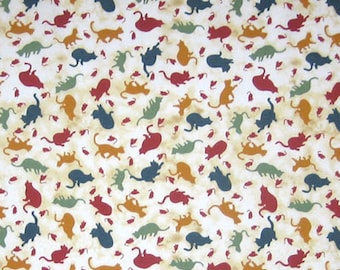 Cat Fabric, Cats Silhouettes Cotton Fabric, Cream Fabric with Coloured Cat Pattern