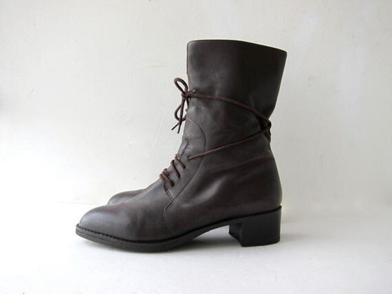 90s brown leather ankle boots. tall boots. leather calf boots.