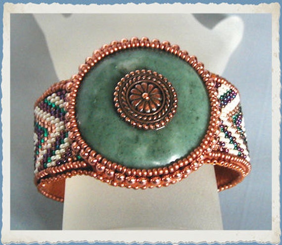 Serpentine Jade Bead Embroidery and Loomed Cuff Bracelet