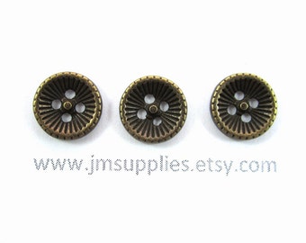 Button, Antiqued Brass 11.5mm Single-Sided Corrugated Round