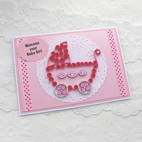 Paper Quilling Card Paper Quilled Baby Girl Pram Pink Carriage