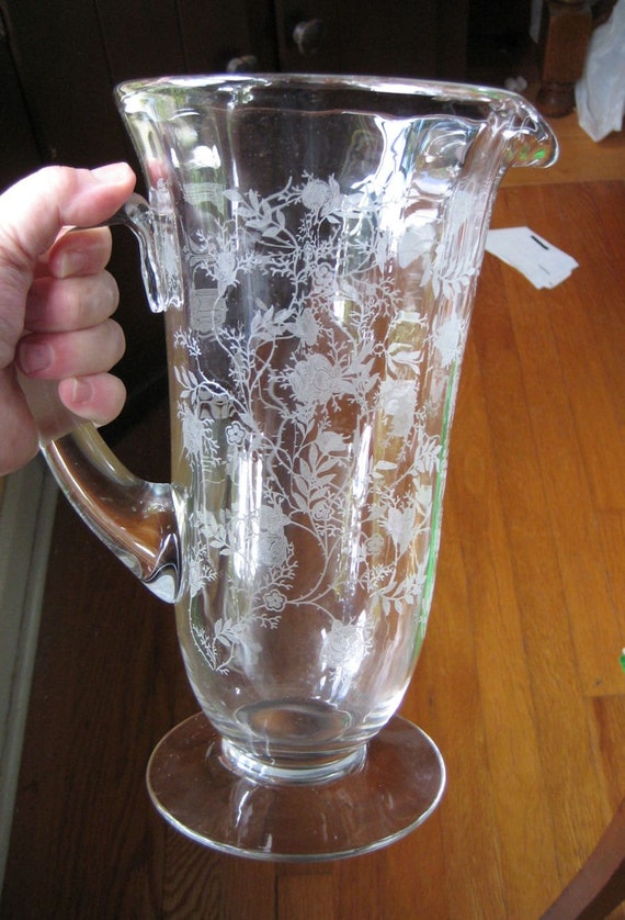 1940s Fostoria Glass Chintz Etched Water Pitcher 5000 Jug