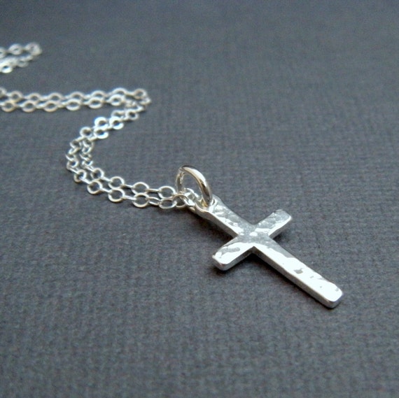 silver cross necklace. small sterling silver hammered pendant.