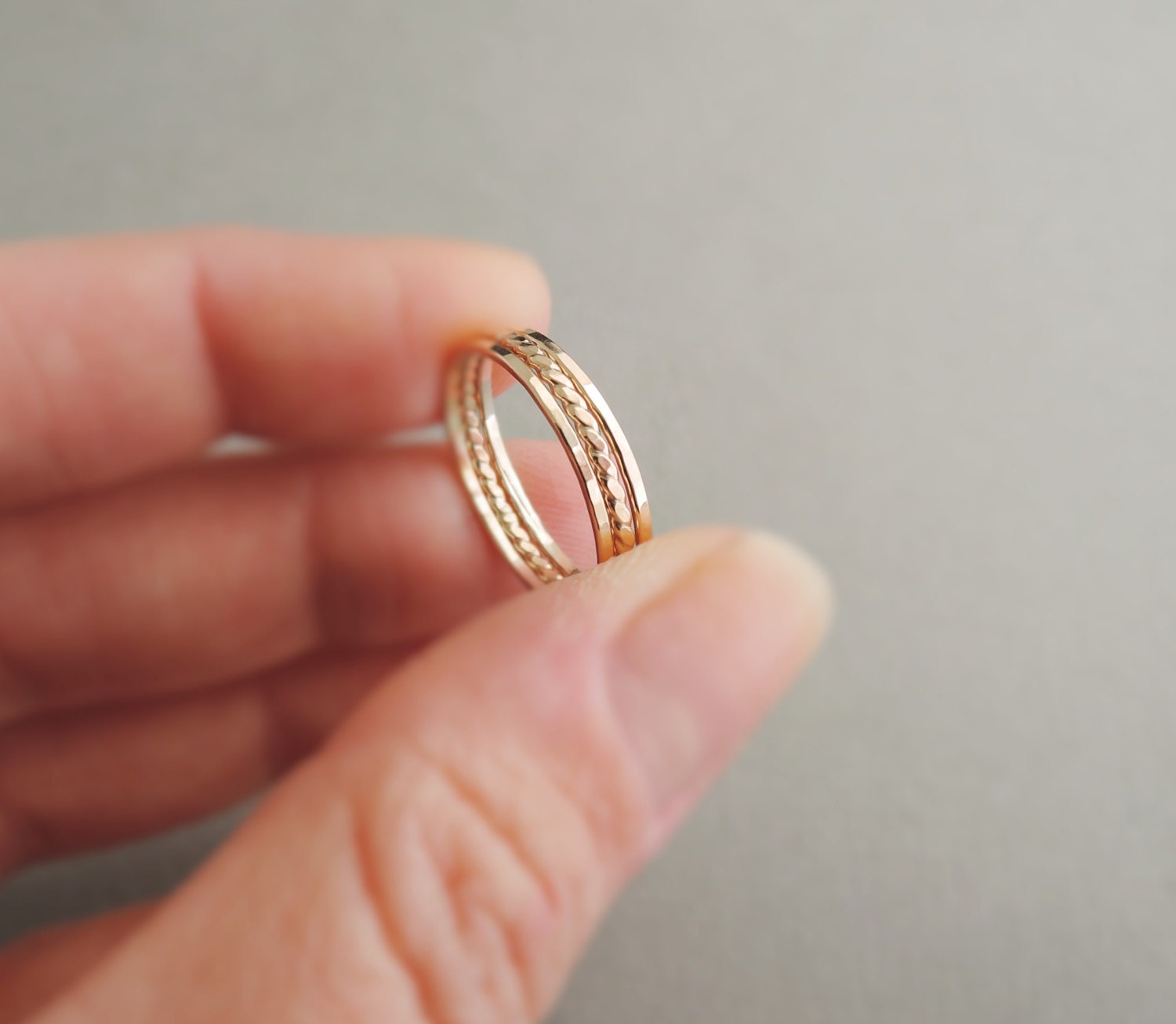 Super Thin Gold Stacking Ring set of three dainty tiny shiny